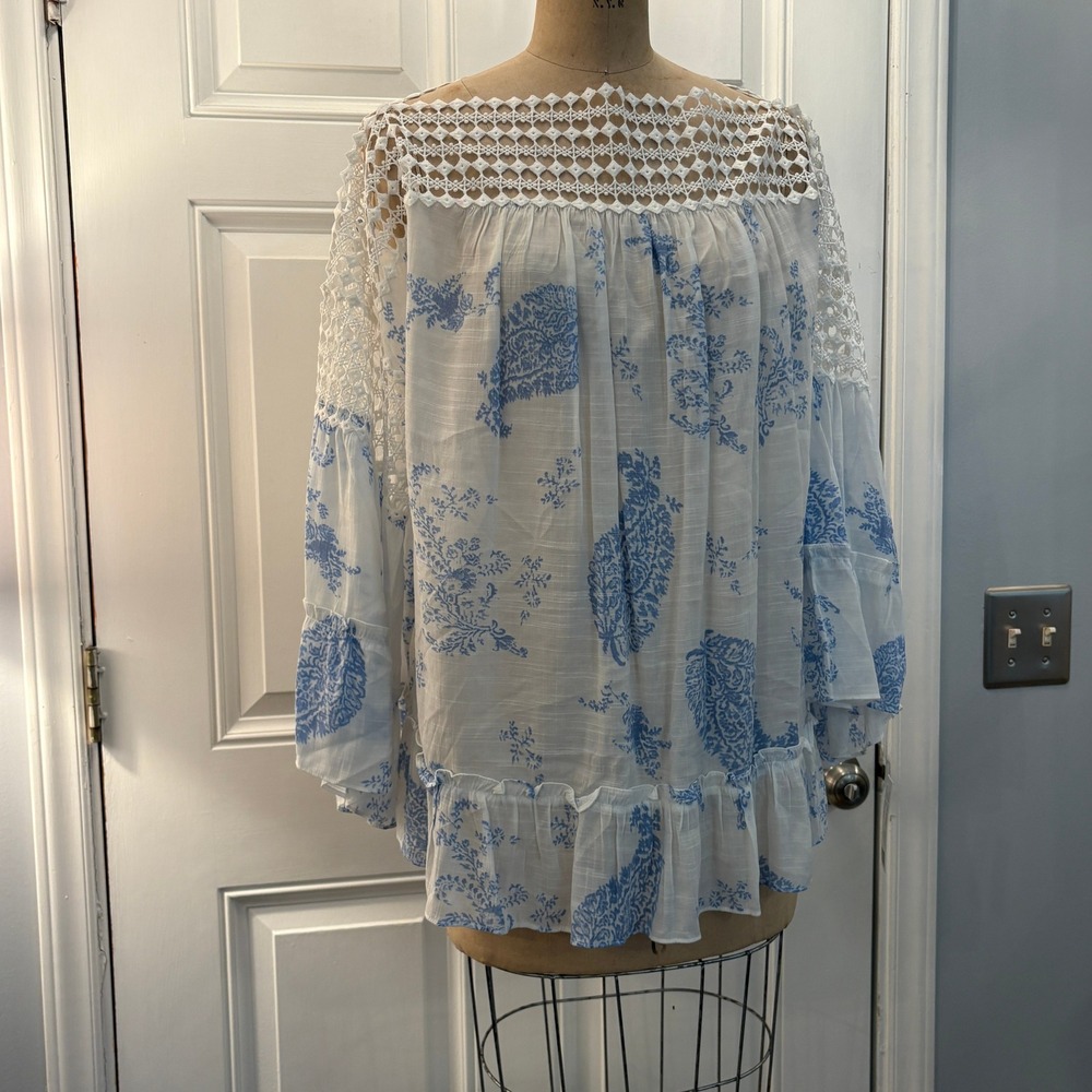 Zac & Rachel Womens XL Blue White Paisley Crochet Lace Peasant Blouse Ruffle Hem